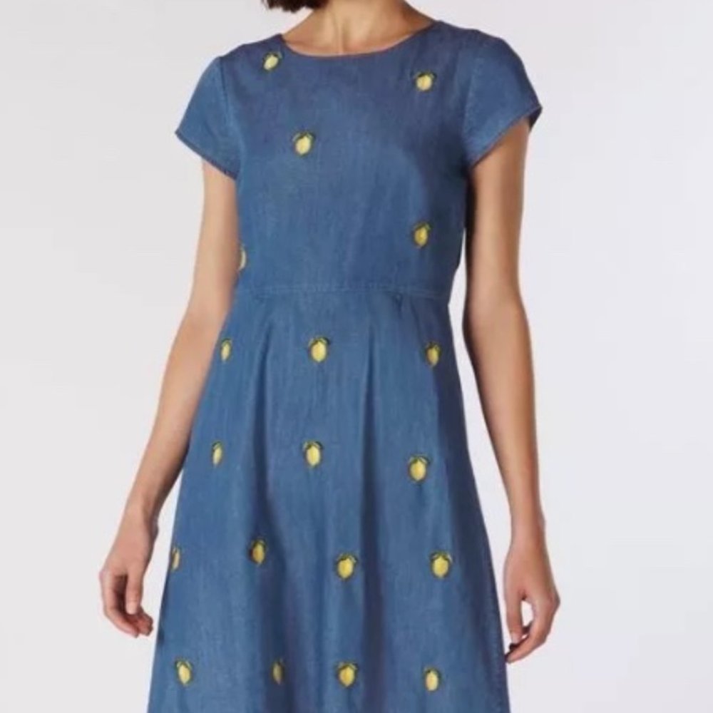Cath Kidston Blue Denim-Look Dress with Yellow Lemon Embroidery